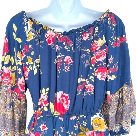 Angie Floral Off-Shoulder Boho Bell Sleeve Romper Blue Multicolor Size Medium - Picture 6 of 10